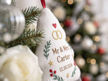 Personalized Christmas Tree Shaped Wedding Ornament, Hand Embroidered Linen Mr & Mrs, Custom Couple Name Date, Wedding Rings Gift