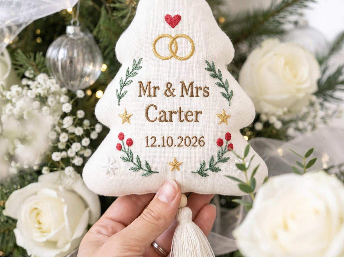 Personalized Christmas Tree Shaped Wedding Ornament, Hand Embroidered Linen Mr & Mrs, Custom Couple Name Date, Wedding Rings Gift