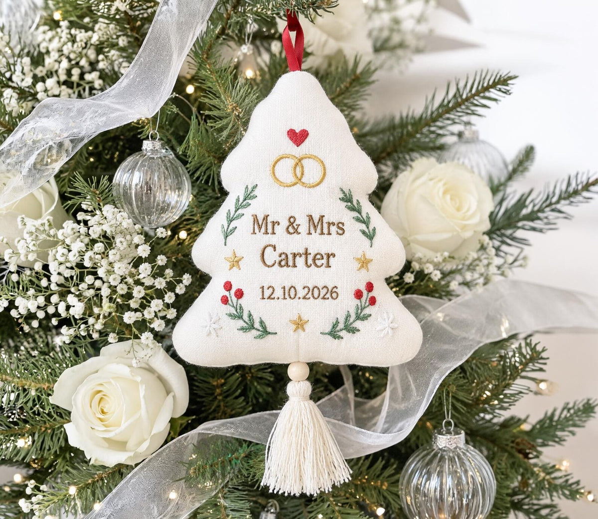 Personalized Christmas Tree Shaped Wedding Ornament, Hand Embroidered Linen Mr & Mrs, Custom Couple Name Date, Wedding Rings Gift