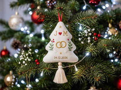 Personalized Christmas Tree Shaped Wedding Ornament, Hand Embroidered Linen Rings, Custom Initials & Date, Newlywed Keepsake Gift