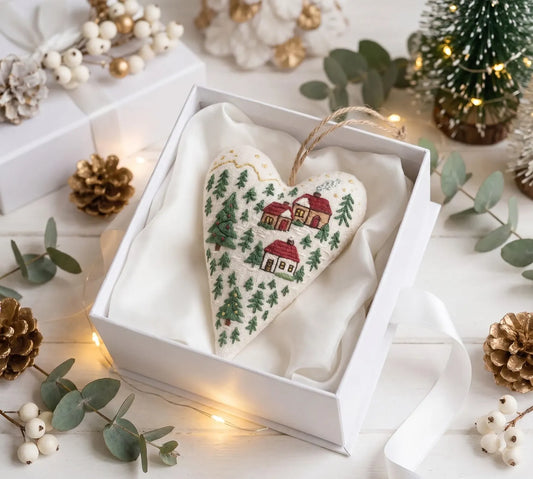 Hand Embroidered Christmas Heart Ornament – Cozy Winter Village Scene, Holiday Linen Decoration, Christmas Gift Decoration