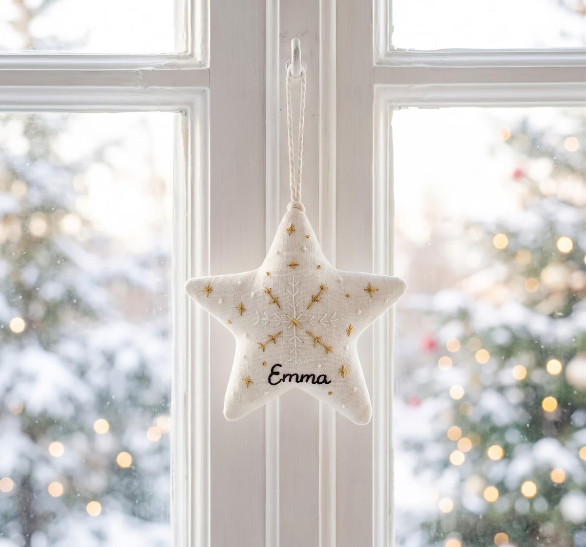 Personalized Embroidered Christmas Ornament – Linen Tree, Star & Heart Shapes, Personalized Holiday Gift, Handmade Decoration Keepsake