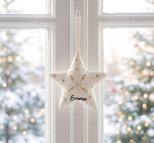 Personalized Embroidered Christmas Ornament – Linen Tree, Star & Heart Shapes, Personalized Holiday Gift, Handmade Decoration Keepsake