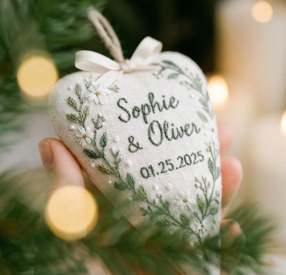 Personalized Wedding Heart Ornament – Hand Embroidered Linen Floral Ornament with Names & Date – Custom Wedding Christmas Gift Decoration