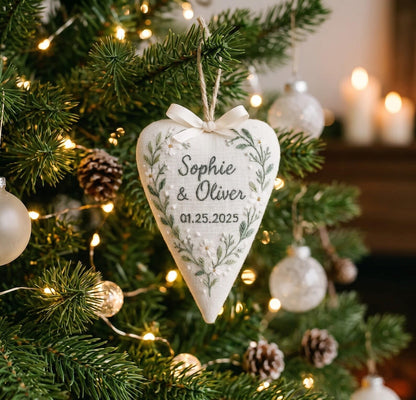 Personalized Wedding Heart Ornament – Hand Embroidered Linen Floral Ornament with Names & Date – Custom Wedding Christmas Gift Decoration