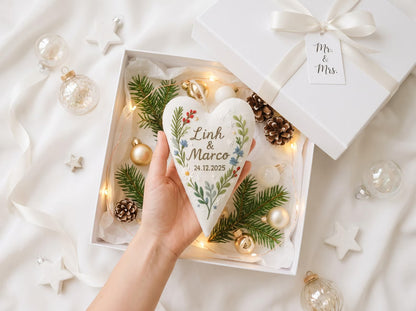 Personalized Wedding Heart Ornament – Hand Embroidered Linen Floral Ornament with Names & Date – Custom Wedding Christmas Gift Decoration