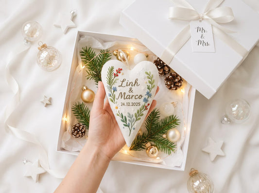 Personalized Wedding Heart Ornament – Hand Embroidered Linen Floral Ornament with Names & Date – Custom Wedding Christmas Gift Decoration
