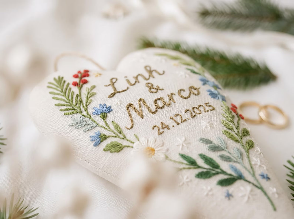 Personalized Wedding Heart Ornament – Hand Embroidered Linen Floral Ornament with Names & Date – Custom Wedding Christmas Gift Decoration