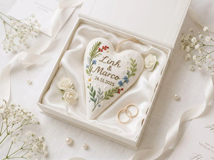 Personalized Wedding Heart Ornament – Hand Embroidered Linen Floral Ornament with Names & Date – Custom Wedding Christmas Gift Decoration