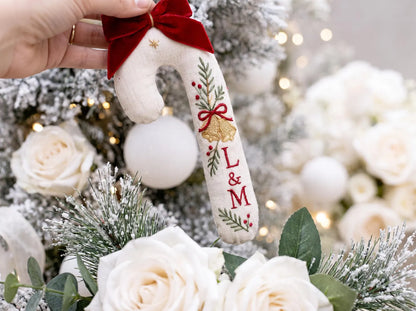 Personalized Candy Cane Shaped Wedding Ornament, Hand Embroidered Linen Bells, Custom Initials & Date, Christmas Newlywed Keepsake Gift