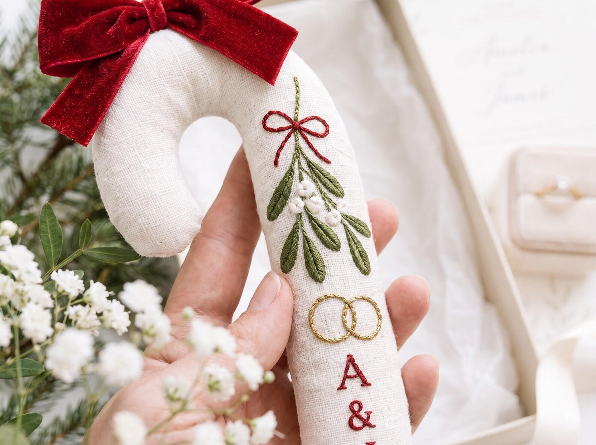 Personalized Candy Cane Shaped Wedding Ornament, Hand Embroidered Linen Mistletoe & Rings, Custom Initials, Newlywed Christmas Keepsake
