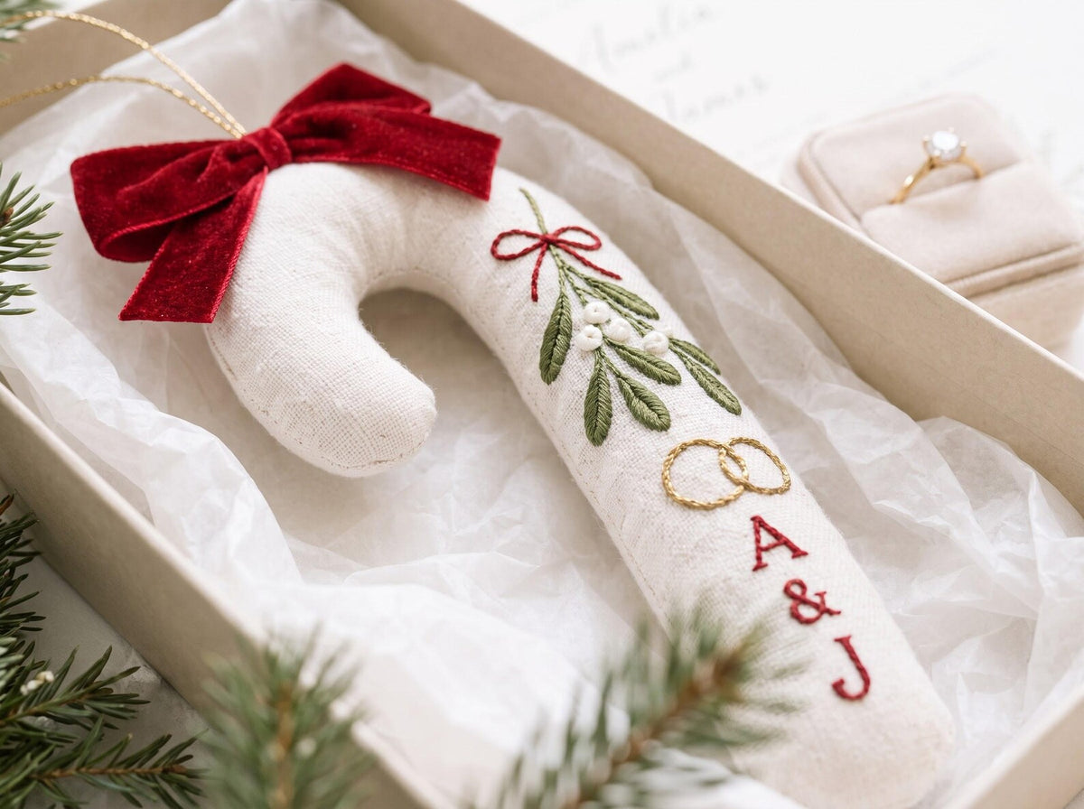 Personalized Candy Cane Shaped Wedding Ornament, Hand Embroidered Linen Mistletoe & Rings, Custom Initials, Newlywed Christmas Keepsake
