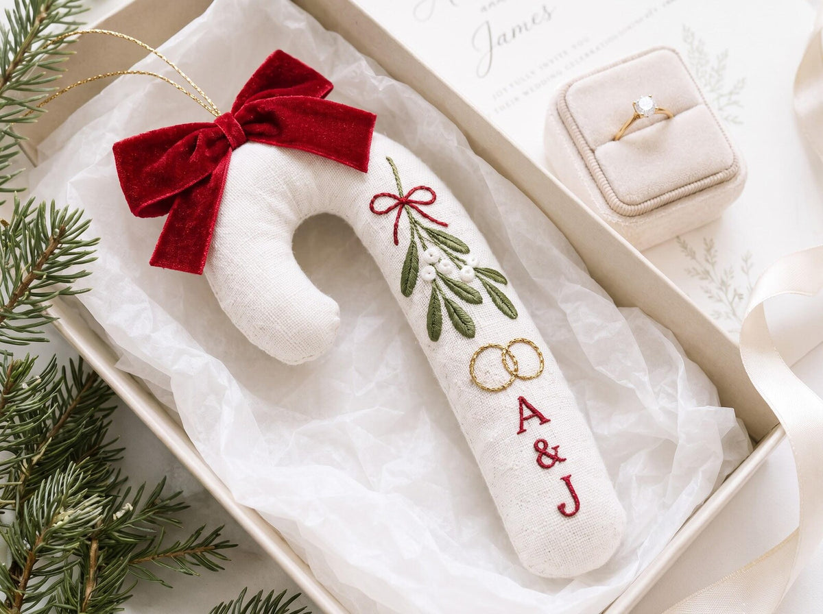 Personalized Candy Cane Shaped Wedding Ornament, Hand Embroidered Linen Mistletoe & Rings, Custom Initials, Newlywed Christmas Keepsake