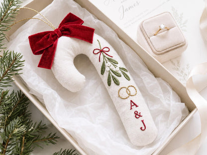 Personalized Candy Cane Shaped Wedding Ornament, Hand Embroidered Linen Mistletoe & Rings, Custom Initials, Newlywed Christmas Keepsake