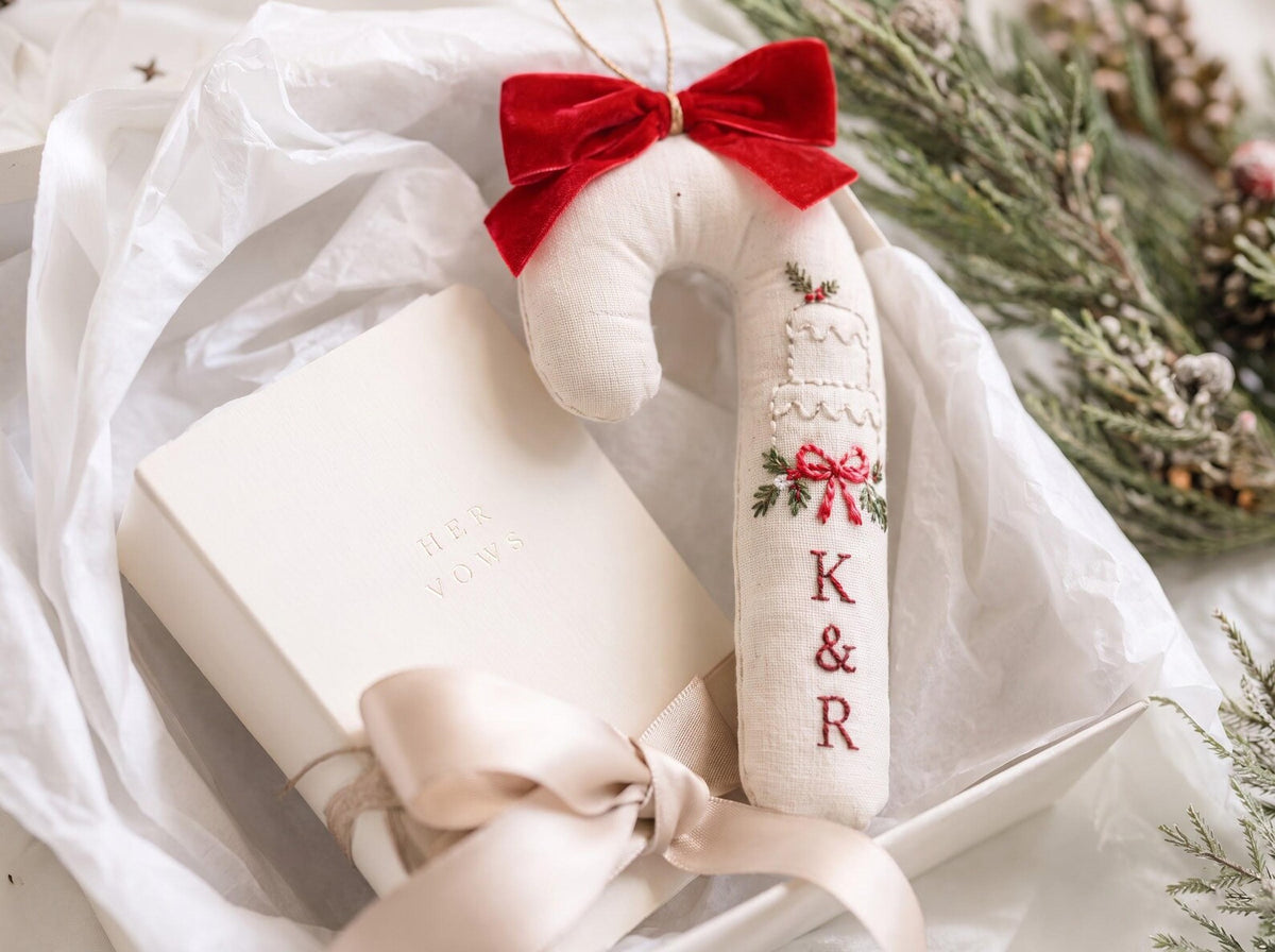 Personalized Candy Cane Shaped Wedding Ornament, Hand Embroidered Linen Wedding Cake, Custom Initials, Christmas Newlywed Keepsake Gift