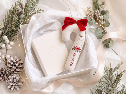 Personalized Candy Cane Shaped Wedding Ornament, Hand Embroidered Linen Wedding Cake, Custom Initials, Christmas Newlywed Keepsake Gift