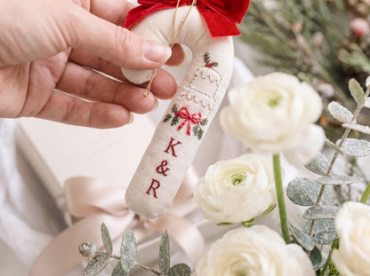 Personalized Candy Cane Shaped Wedding Ornament, Hand Embroidered Linen Wedding Cake, Custom Initials, Christmas Newlywed Keepsake Gift