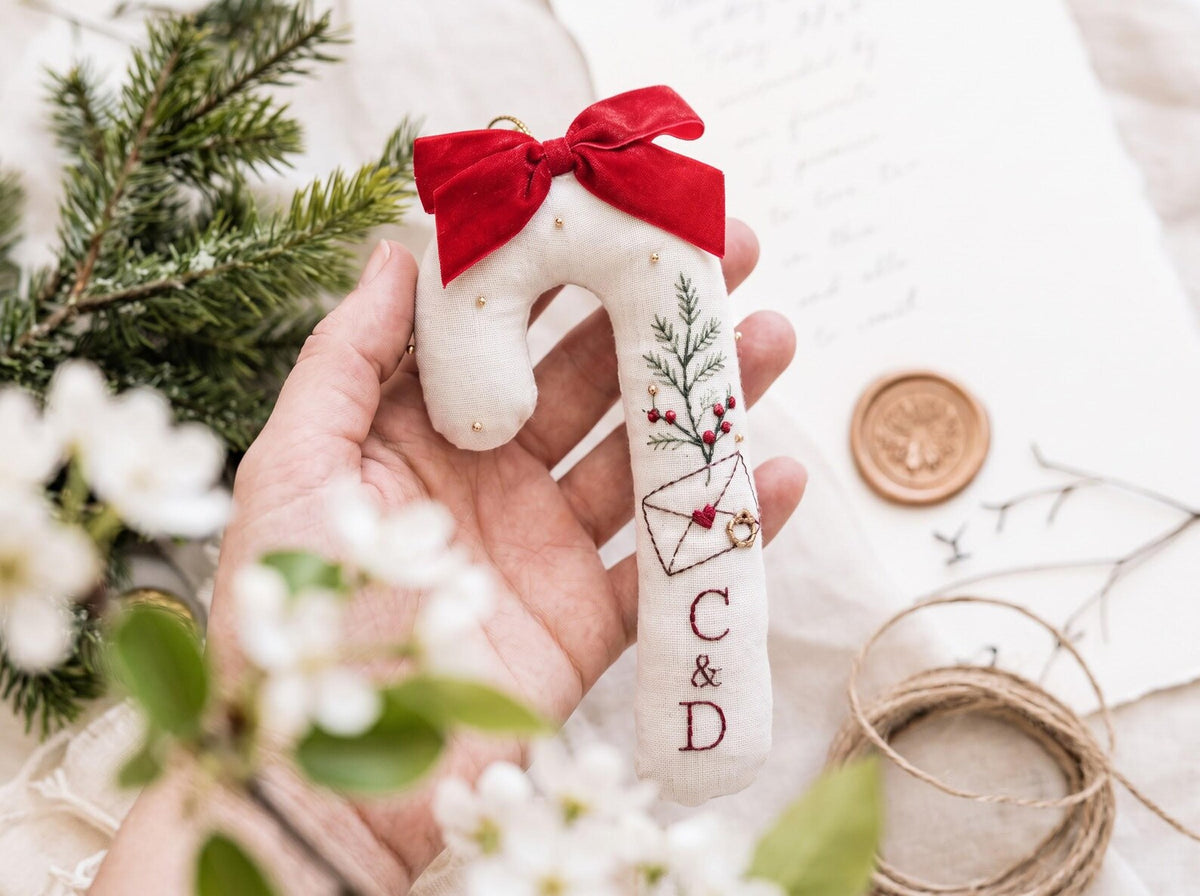 Personalized Candy Cane Shaped Wedding Ornament, Hand Embroidered Linen Love Letter & Rings, Custom Initials, Christmas Keepsake Gift