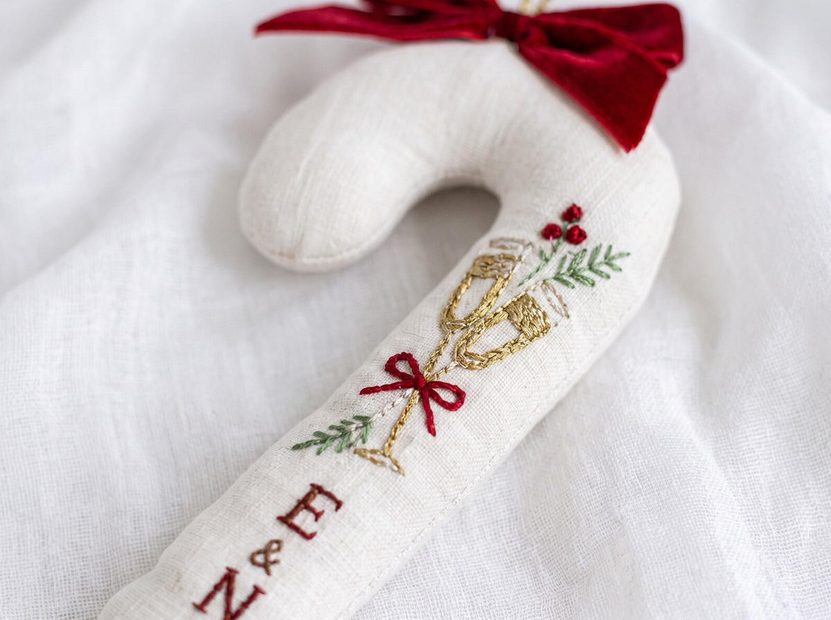 Personalized Candy Cane Shaped Wedding Ornament, Hand Embroidered Linen Champagne Glasses, Custom Initials, Newlywed Christmas Keepsake Gift