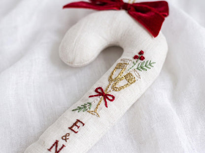Personalized Candy Cane Shaped Wedding Ornament, Hand Embroidered Linen Champagne Glasses, Custom Initials, Newlywed Christmas Keepsake Gift