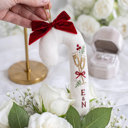 Personalized Candy Cane Shaped Wedding Ornament, Hand Embroidered Linen Champagne Glasses, Custom Initials, Newlywed Christmas Keepsake Gift