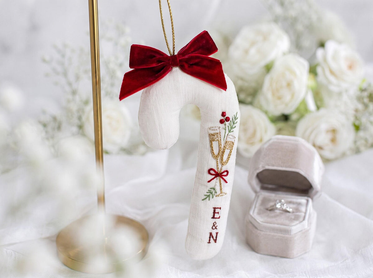 Personalized Candy Cane Shaped Wedding Ornament, Hand Embroidered Linen Champagne Glasses, Custom Initials, Newlywed Christmas Keepsake Gift