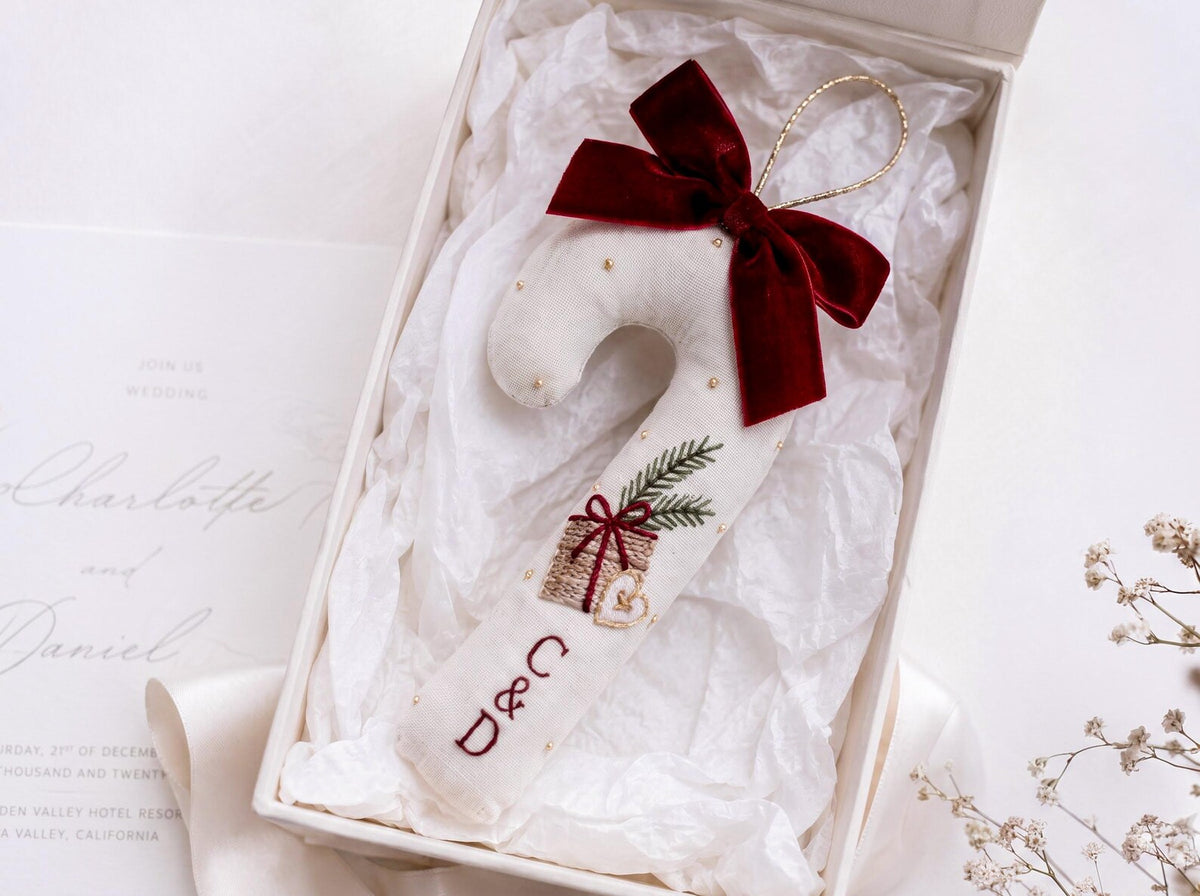 Personalized Christmas Wedding Ornament, Embroidered Linen Candy Cane with Couple Initials, First Christmas Married Keepsake, Newlywed Gifts