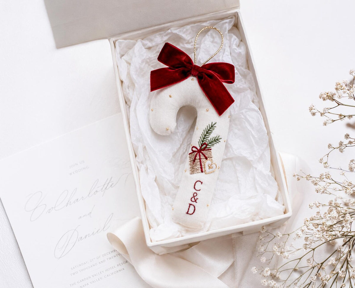 Personalized Christmas Wedding Ornament, Embroidered Linen Candy Cane with Couple Initials, First Christmas Married Keepsake, Newlywed Gifts