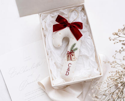 Personalized Christmas Wedding Ornament, Embroidered Linen Candy Cane with Couple Initials, First Christmas Married Keepsake, Newlywed Gifts