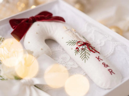 Personalized Christmas Wedding Ornament, Christmas Candle Embroidered Candy Cane, Couple Initials, First Christmas Married Newlywed Keepsake