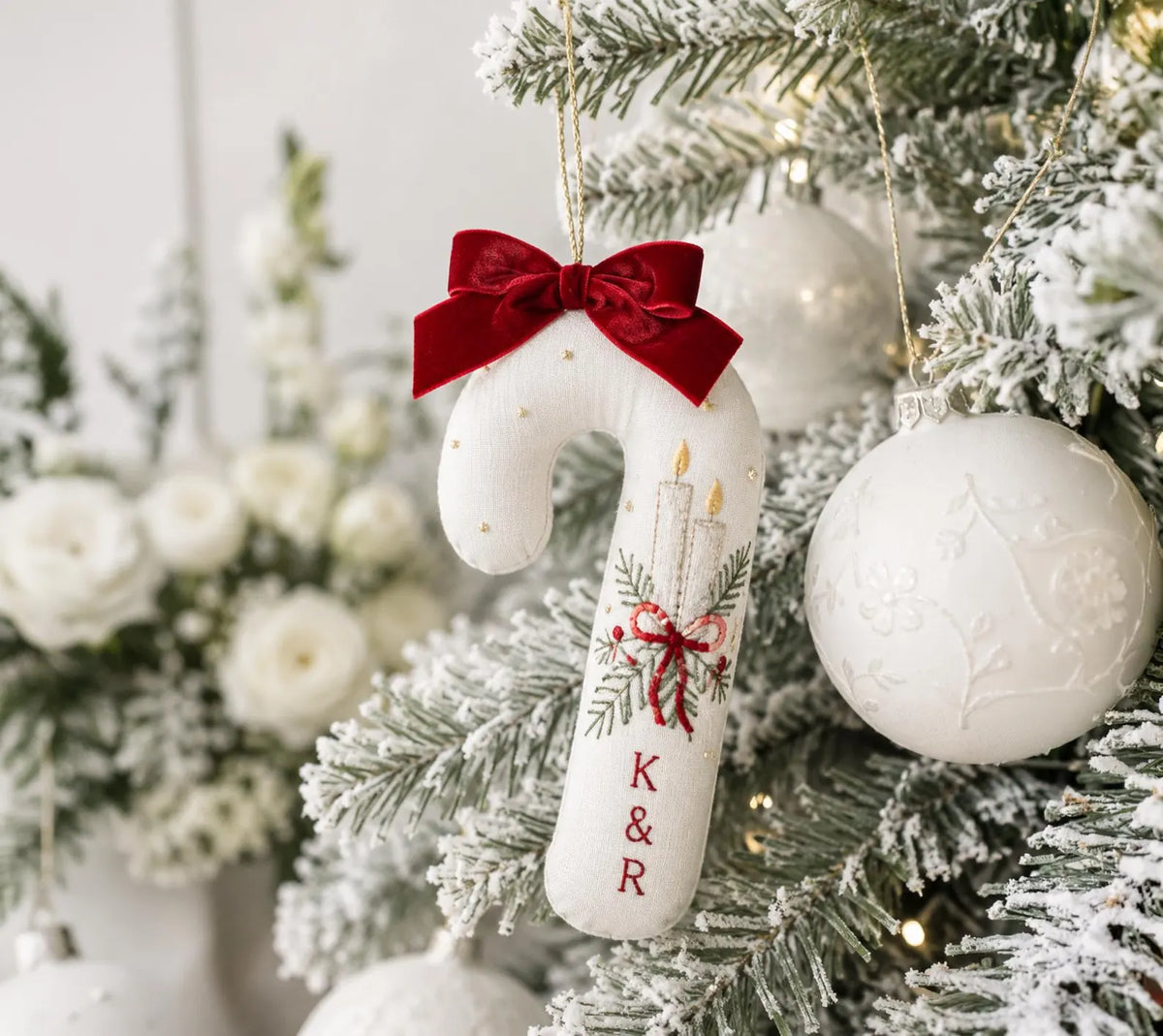 Personalized Christmas Wedding Ornament, Christmas Candle Embroidered Candy Cane, Couple Initials, First Christmas Married Newlywed Keepsake