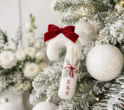 Personalized Christmas Wedding Ornament, Christmas Candle Embroidered Candy Cane, Couple Initials, First Christmas Married Newlywed Keepsake