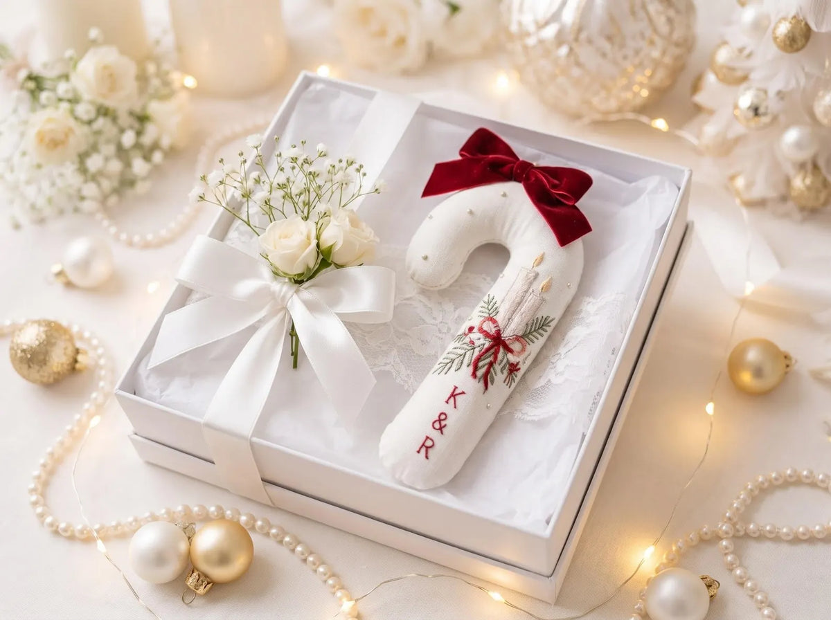 Personalized Christmas Wedding Ornament, Christmas Candle Embroidered Candy Cane, Couple Initials, First Christmas Married Newlywed Keepsake