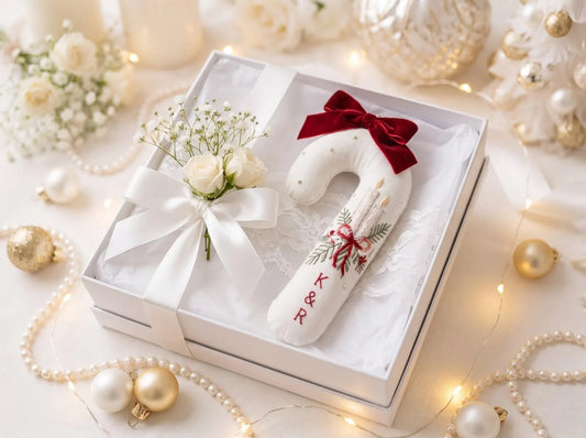 Personalized Christmas Wedding Ornament, Christmas Candle Embroidered Candy Cane, Couple Initials, First Christmas Married Newlywed Keepsake