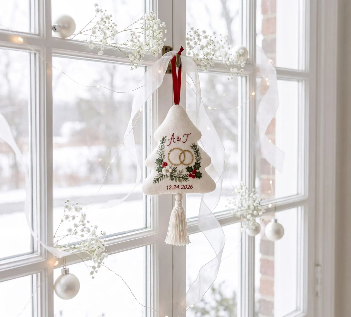 Personalized Christmas Tree Ornament, Embroidered Wedding Ornament, Custom Couple Initials & Date, Wedding Keepsake Gift for Bride and Groom