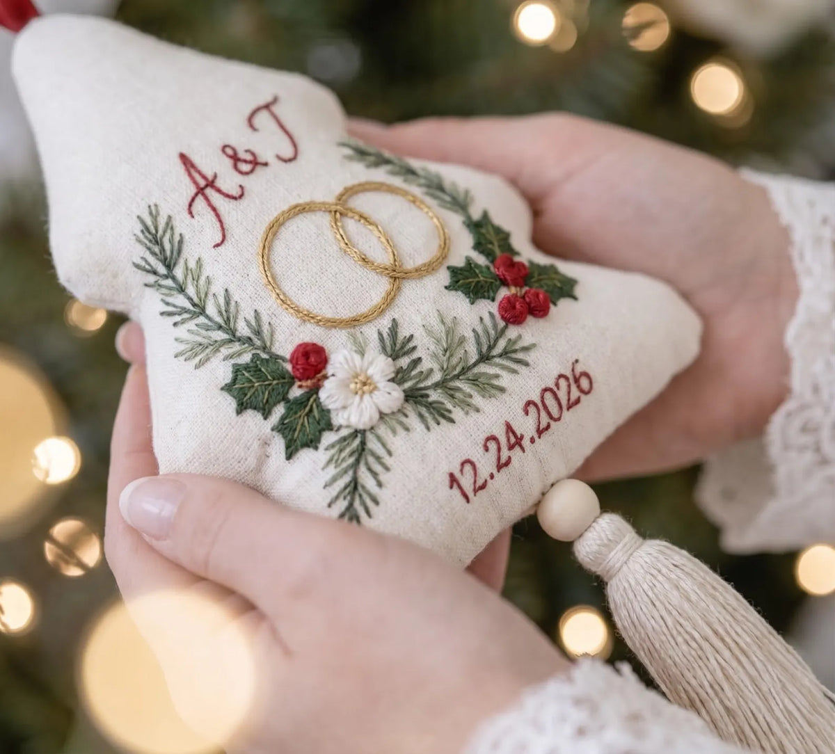 Personalized Christmas Tree Ornament, Embroidered Wedding Ornament, Custom Couple Initials & Date, Wedding Keepsake Gift for Bride and Groom