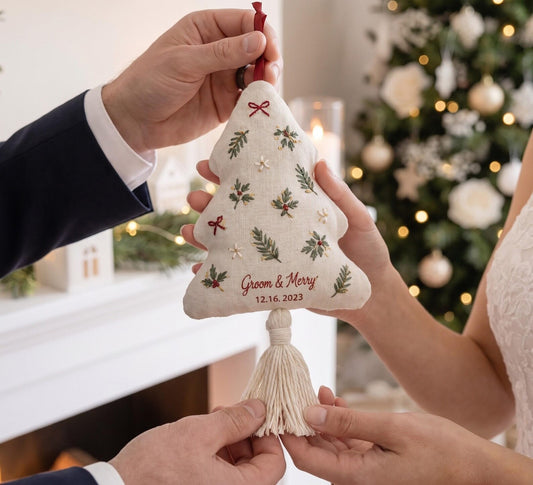 Personalized Christmas Tree Ornament, Embroidered Holly and Pine Ornament, Custom Couple Names & Date, Christmas Keepsake Gift for Newlyweds