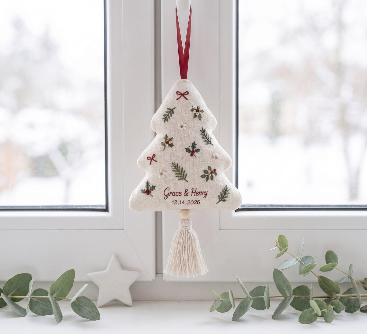 Personalized Christmas Tree Ornament, Embroidered Holly and Pine Ornament, Custom Couple Names & Date, Christmas Keepsake Gift for Newlyweds