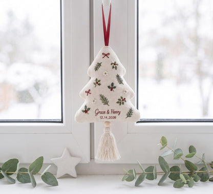 Personalized Christmas Tree Ornament, Embroidered Holly and Pine Ornament, Custom Couple Names & Date, Christmas Keepsake Gift for Newlyweds