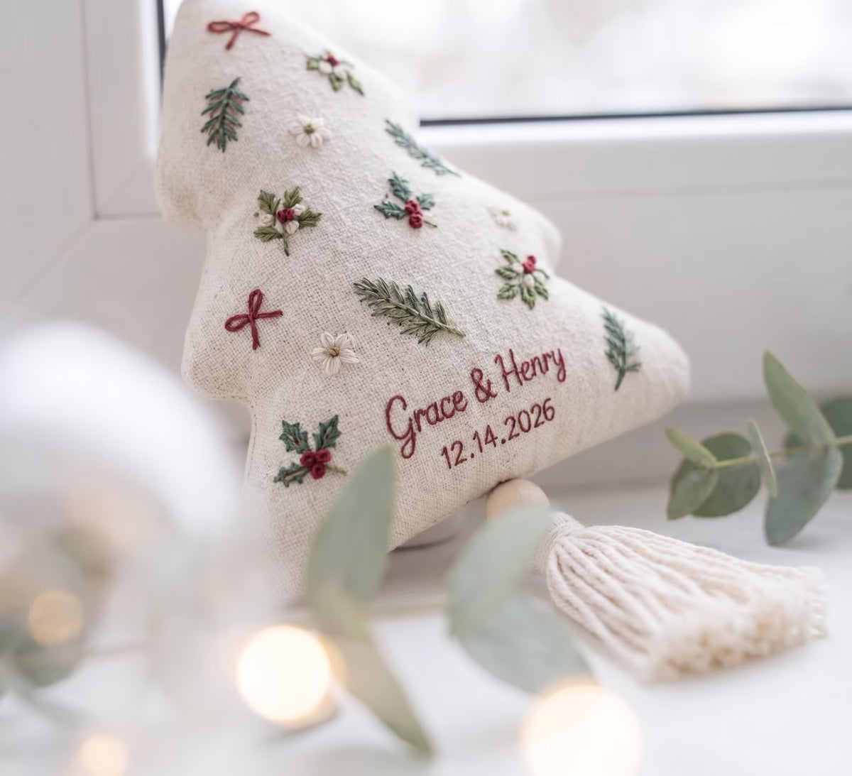 Personalized Christmas Tree Ornament, Embroidered Holly and Pine Ornament, Custom Couple Names & Date, Christmas Keepsake Gift for Newlyweds