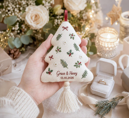 Personalized Christmas Tree Ornament, Embroidered Holly and Pine Ornament, Custom Couple Names & Date, Christmas Keepsake Gift for Newlyweds