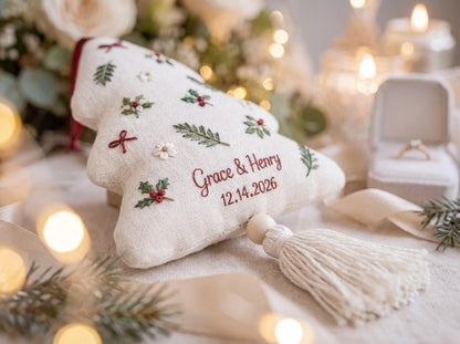 Personalized Christmas Tree Ornament, Embroidered Holly and Pine Ornament, Custom Couple Names & Date, Christmas Keepsake Gift for Newlyweds