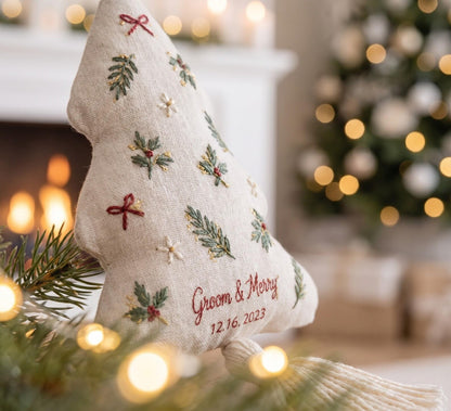 Personalized Christmas Tree Ornament, Embroidered Holly and Pine Ornament, Custom Couple Names & Date, Christmas Keepsake Gift for Newlyweds