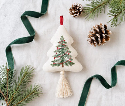 Hand Embroidered Christmas Tree Ornament, Linen Evergreen Tree Decoration with Red Garland, Rustic Holiday Keepsake, Handmade Christmas Gift