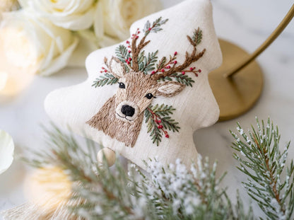 Reindeer Christmas Tree Ornament, Hand Embroidered Ornament with Pine Branches & Red Berries, Rustic Holiday Keepsake, Christmas Decor Gift