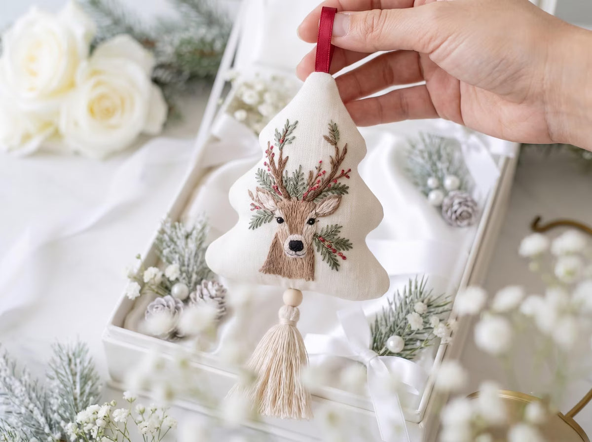 Reindeer Christmas Tree Ornament, Hand Embroidered Ornament with Pine Branches & Red Berries, Rustic Holiday Keepsake, Christmas Decor Gift