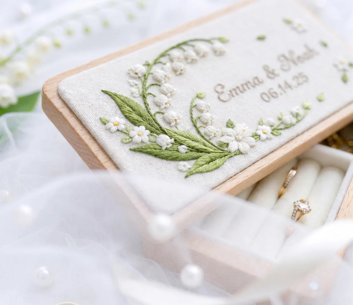 Personalized Wedding Ring Box, Lily of the Valley Embroidered Wooden Ring Bearer Box, Custom Names Date, Wedding Ring Box Gift