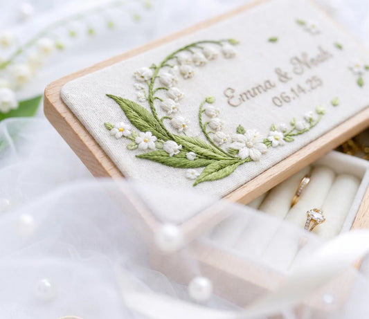Personalized Wedding Ring Box, Lily of the Valley Embroidered Wooden Ring Bearer Box, Custom Names Date, Wedding Ring Box Gift