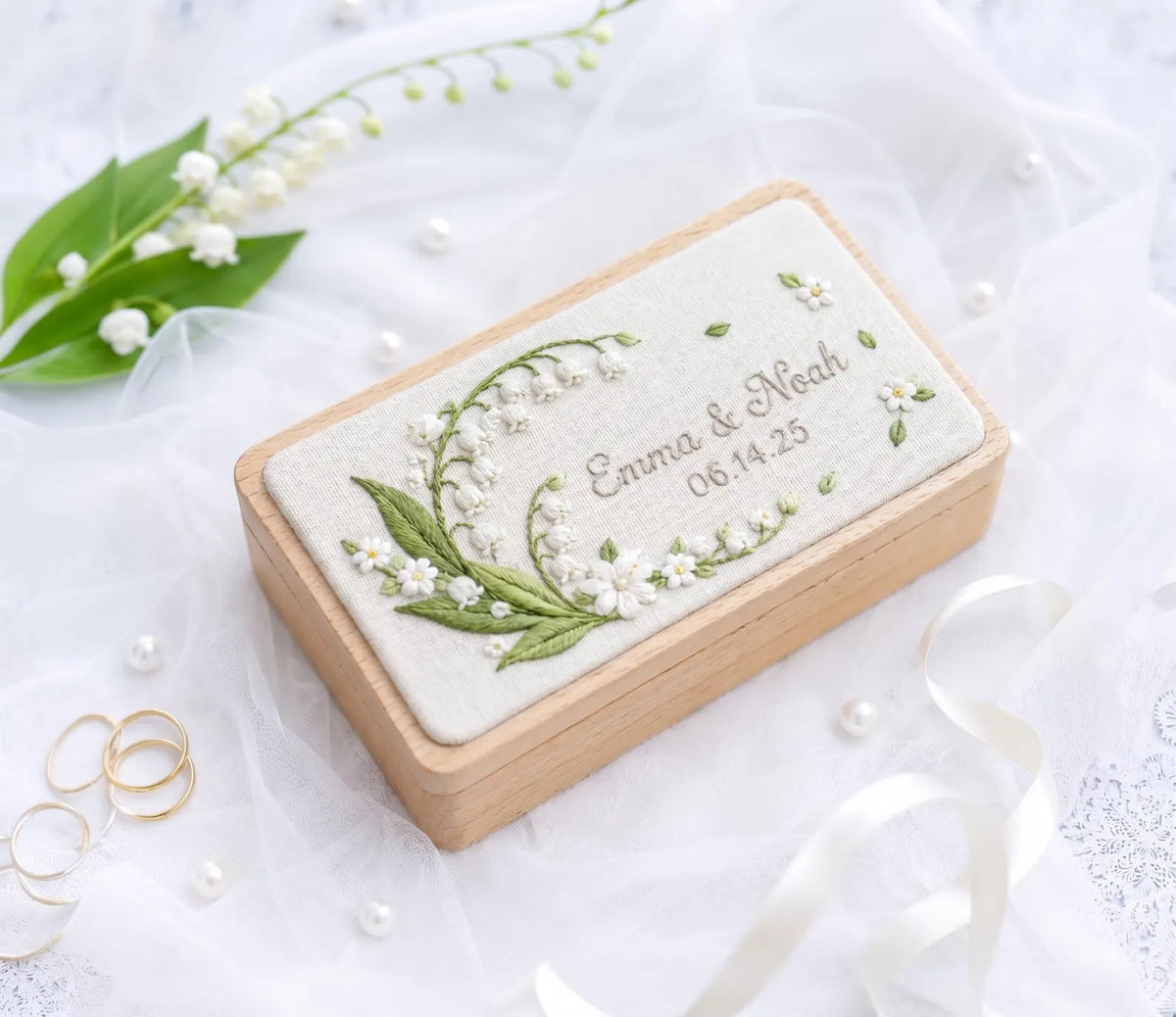 Personalized Wedding Ring Box, Lily of the Valley Embroidered Wooden Ring Bearer Box, Custom Names Date, Wedding Ring Box Gift