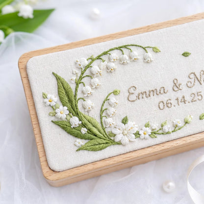 Personalized Wedding Ring Box, Lily of the Valley Embroidered Wooden Ring Bearer Box, Custom Names Date, Wedding Ring Box Gift